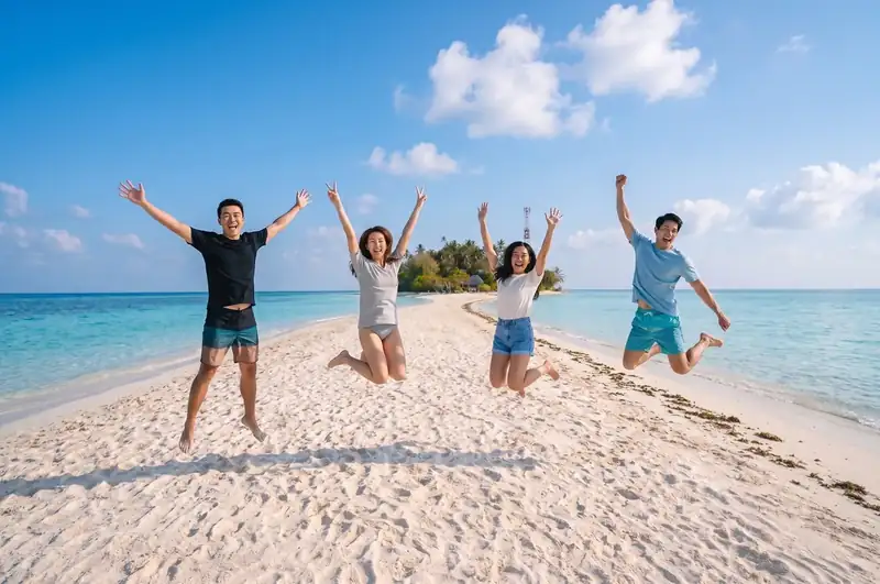 Walking the white sands of Sibuan Island with Dreamy Wave Dwelling Resort near Semporna.